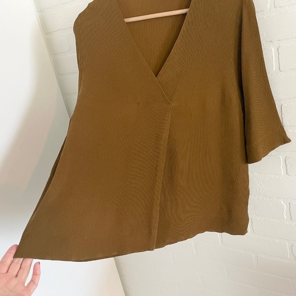 COS Blouse Half sleeve Ribbed Faux wrap Maroon/Green/Ocre Lagenlook V neck Sz L - Picture 4 of 14